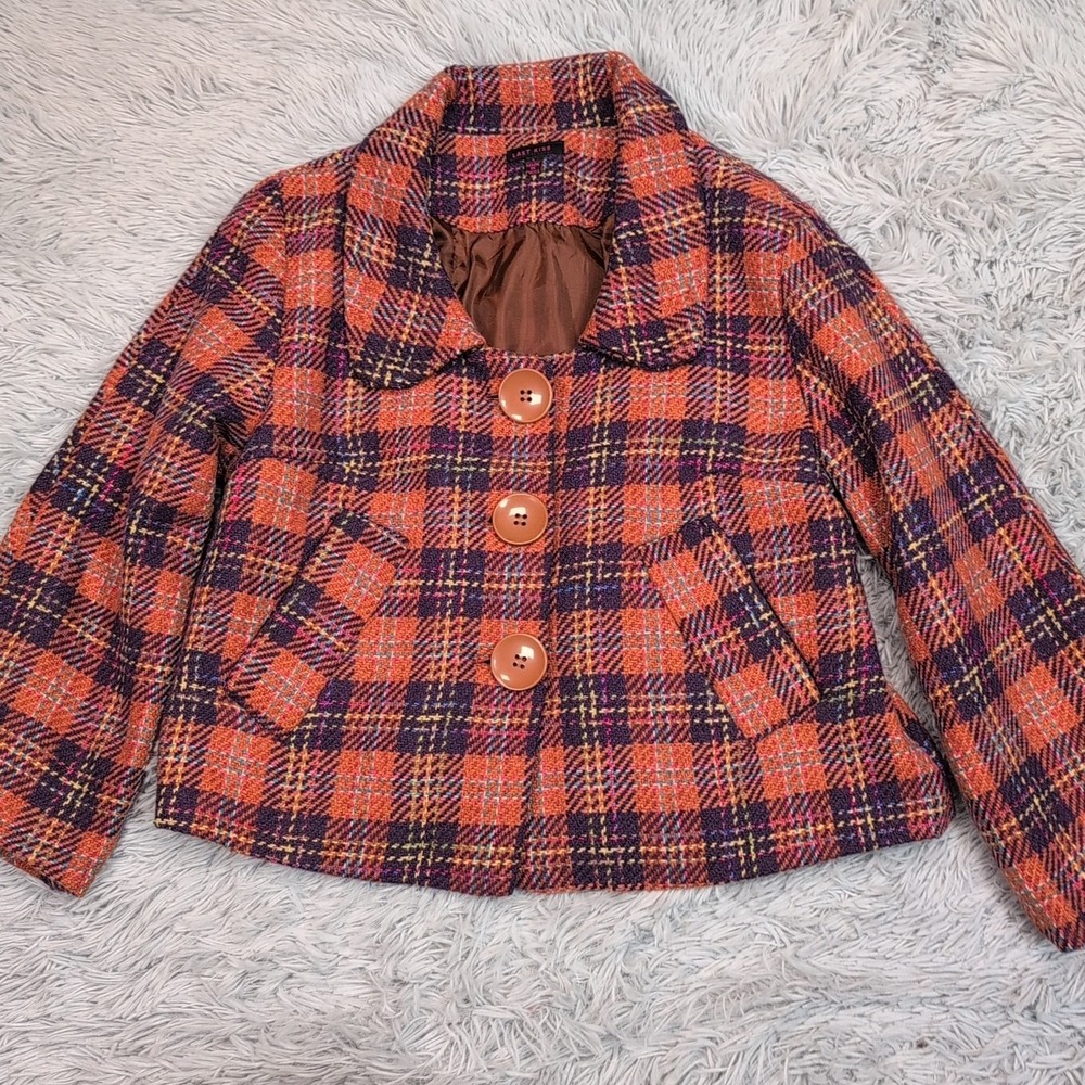 Last Kiss Jacket Womens L Multicolor Woolโ Blend Coat Plaid Pockets Button Up